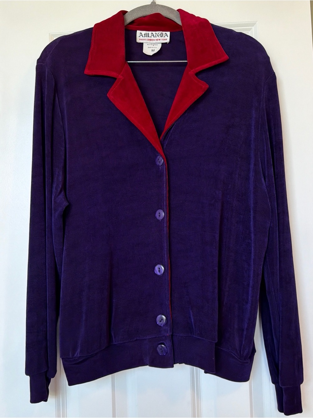 Amanda Vintage Women's Purple Velour Button-Up Blouse with Red Collar